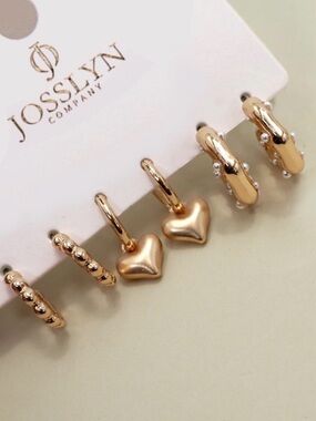 NWT Josslyn Heart Drop Pearl Studded Hoop Trio Earrings Gold Tone Set Chic